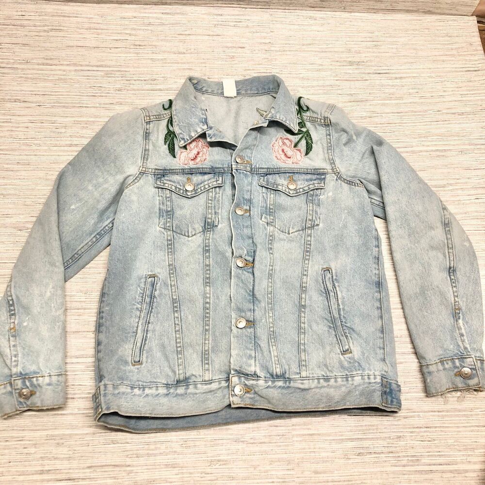 H& M La Belle Vie Jean denim Jacket distressed embroidered flower bees size 8 - Picture 11 of 12